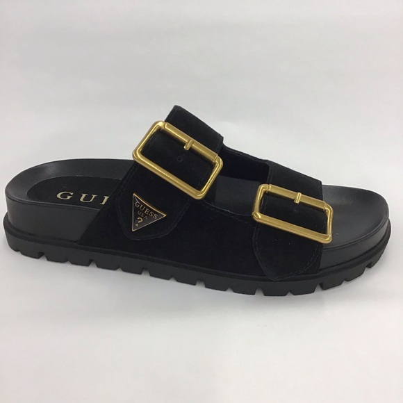 Guess Shoes - New Womens Guess Suede Sandals Fasten Double-Buckle Footbed Size 6 M Black 001
